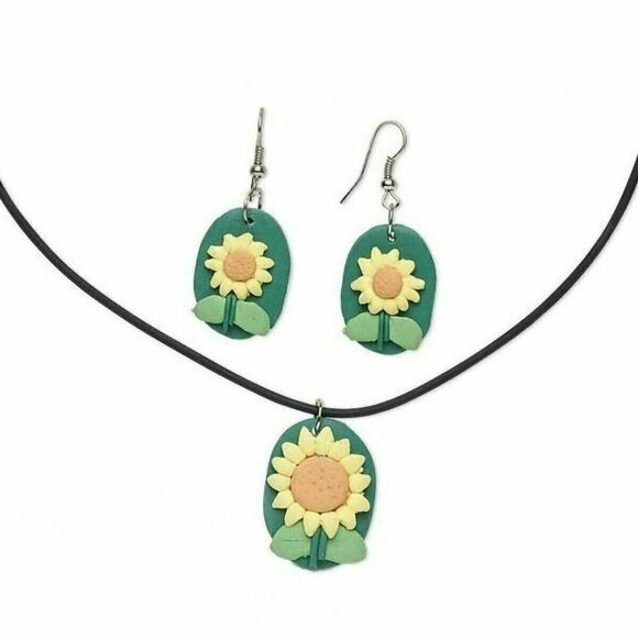 Handmade Yellow Sunflowers Fimo Polymer Clay Necklace Earrings Jewelry Set - Picture 1 of 1